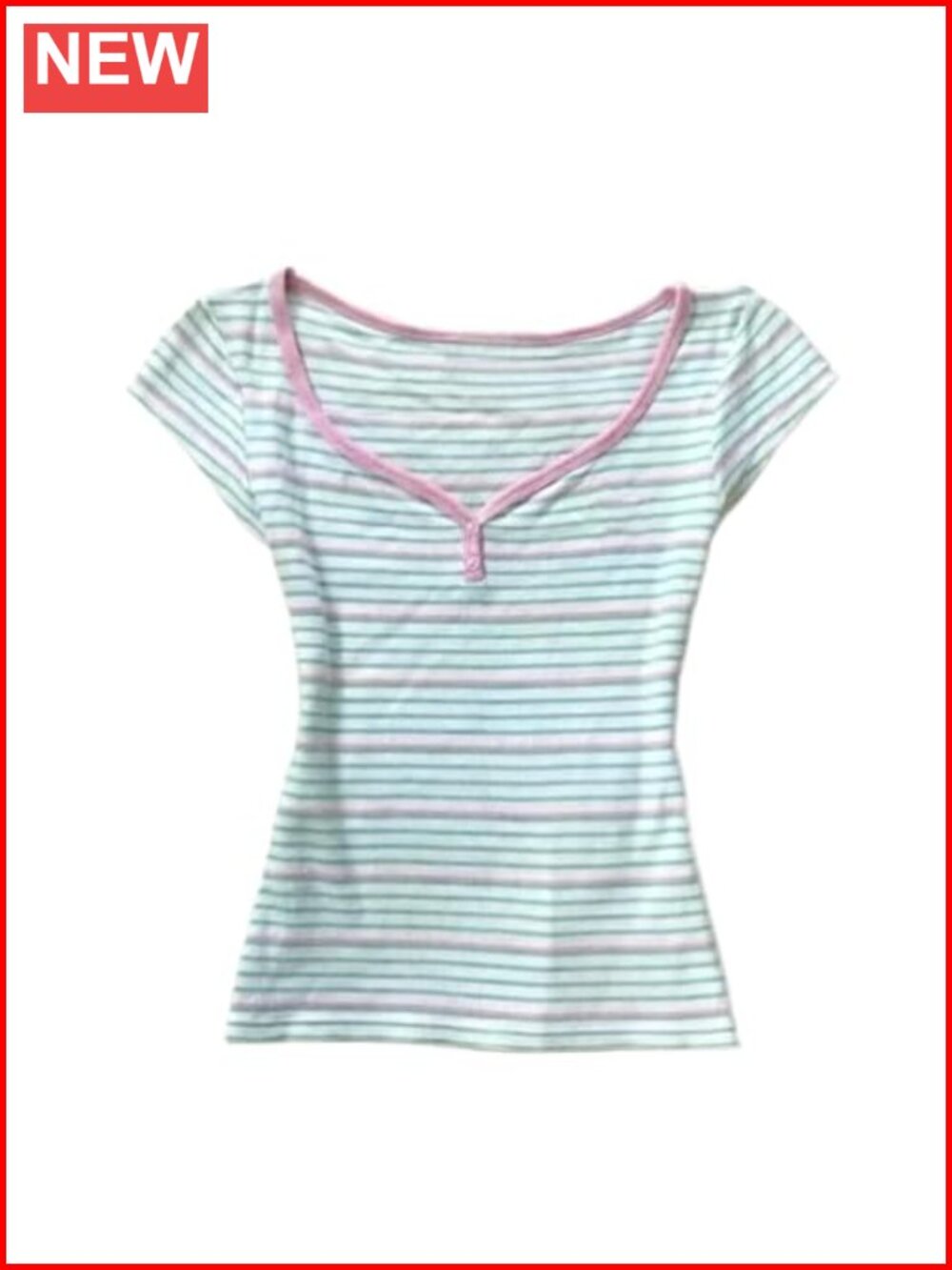 Womens Y2K Kawaii Pastel Stripe Henley V-Neck Fitted Baby Tee